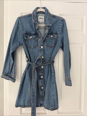 ZARA Medium Blue Denim Shirt Dress with Tie Belt